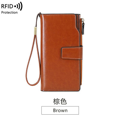 RFID กระเป๋าสตางค์ผู้หญิงกันแม่เหล็ก 2023 กระเป๋าสตางค์ผู้หญิงรุ่นใหม่กระเป๋าสตางค์หนังขี้ผึ้งน้ำมันกระเป๋าสตางค์กระเป๋าคลัทช์ความจุขนาดใหญ่