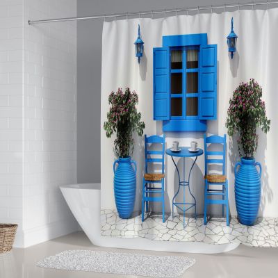[In stock] อีคอมเมิร์ซ ผนังสีขาว蓝窗ชุดม่านอาบน้ำ พิมพ์ดิจิตอลห้องอาบน้ำฝักบัวโพลีเอสเตอร์ผ้าม่าน ฟรีเจาะม่านอาบน้ำ ปกอาบน้ำ