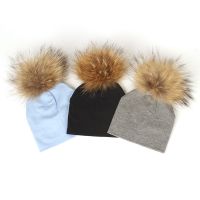 Geebro 0-3 Month Baby Boys Soft Cotton Real Fur pompom Beanies Hats For Newborn Girls Spring Autumn Kids Infants Toddler Hats