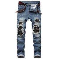 2021 AUTUMN Spring Mens Ripped Street HIP HOP Punk Stretch Bike Jeans Trendy Holes Straight Denim Trouers