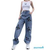 ☪´s Loose Jeans, y High Waist Butterfly Print Long Straight Pants, Slim Baggy Trousers