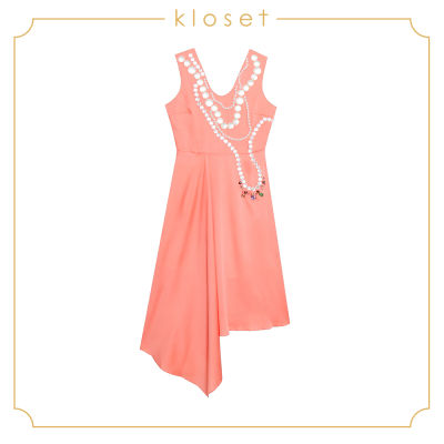 Kloset Embellished Flowing Midi Dress (RS19-D002)เสื้อผ้าผู้หญิง เสื้อผ้าแฟชั่น เดรสแฟชั่น เดรสปัก เดรสแขนกุด