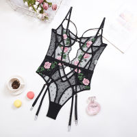 Fashion Sexy Embroidered Lady Teddy bodysuit Summer Thin Section Perspective Garter Sexy Lingerie Underwire Gather Bra Suit