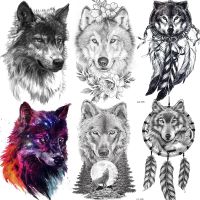 【YF】 Wolf Black Temporary Tattoos For Men Boys Girl Dreamcatcher Forest Tattoo Realistic Fake Flora Flower Waterproof Coyote Tatoo 3D