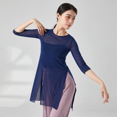 ☊ Spring Classical Dance Exercise Clothing Female Dance Adult Ballet Elastic Mesh Top National Dance Body Suit