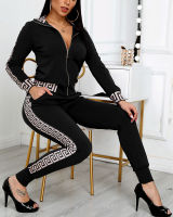 2021 Women Elegant Fashion Two -Pieces Suit Sets Female Stylish Plus Size Greek Fret Print Coat &amp; Pant Sets костюм женский