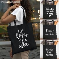 Fashion Women Black Shopping Tote Bag with Coffee Letter Shoulder Canvas Cloth Travel Bag Shopper Reusable Mom Life Book Bag