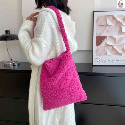 Candy Color Shoulder Bag Solid Travel Shoulder Bags Soft Fleece Portable Large-capacity for Autumn Winter Ladies Totes
