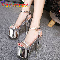 Voesnees Super High Heel 18ซม. รองเท้าเงิน Stiletto Cross สายรัดรองเท้าแตะผู้หญิงไนท์คลับเพศ41 42 43รองเท้าผู้หญิง Pole Dance