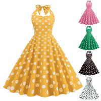 เดรสวินเทจ rockabilly Polka dot พิมพ์เซ็กซี่ Lace Up แขนกุดสูงเอว Swing Dress Casual PARTY MIDI vestidos