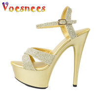 Voesnees เซ็กซี่งานแต่งงานรองเท้าผู้หญิง15ซม. ฤดูร้อน Stilettos สบายแพลตฟอร์มสิทธิบัตรหนังรองเท้าส้นสูงสีทอง Sandals