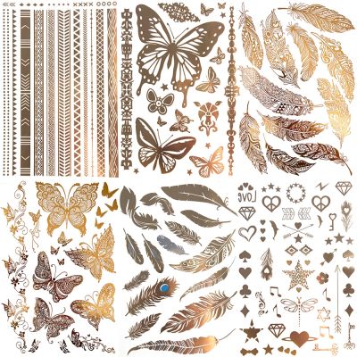 hot！【DT】✥⊙  Feather Temporary Tattoos Adults Fake Thorns Sticker Gold Washable Hand Tatoos