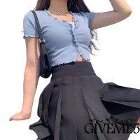 ღWSVღFemale Solid Color V-Neck Short Sleeve Base Crop Top( BluePink, SML)