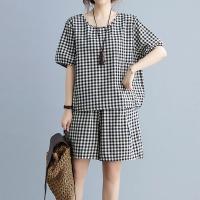 【hot】◙♞ Shorts two-piece set female large code summer new fashion elegant literary plaid casual tops high waist five-point