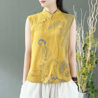 เสื้อกล้ามผ้าลินินผ้าฝ้ายฤดูร้อนแขนกุดสไตล์จีนสำหรับผู้หญิงมาใหม่ล่าสุดภาพปริ้นท์วินเทจสไตล์จีน3BT0253โอเวอร์ไซส์เสื้อแขนกุดลำลอง