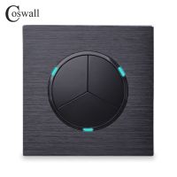 Coswall 3 Gang 1 Way Random Click On / Off Wall Light Switch With LED Indicator Black / Silver Grey Aluminum Metal Panel