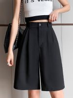 Casual High Waist Wide Leg Suits Shorts Womens Summer Office Lady Loose Shorts for Women Solid Black Knee Length Baggy Shorts