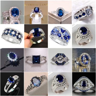 [MM75] วินเทจแหวนหินสีขาวสำหรับผู้หญิงหรูหราสีน้ำเงินเข้มคริสตัลเพทายแหวนคู่หมั้นของขวัญเครื่องประดับแฟชั่น