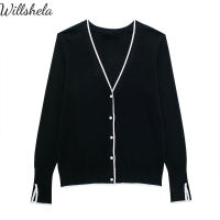 Willshela เสื้อสเวตเตอร์คอวีแขนยาวแฟชั่นสำหรับผู้หญิงสีตัดกันเสื้อสเวตเตอร์ตัวบนกระดุมแถวเดียวไข่มุกปลอม