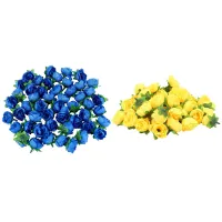 50 Artificial Roses, 3 cm Tall, Wedding Decoration, Navy Blue &amp; 50x Yellow Fabric Silk Artificial Rose Flower Heads