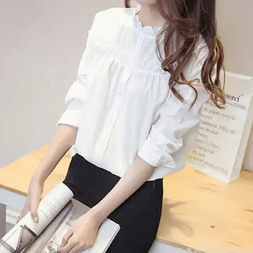 Women Fashion Long Sleeve Shirt Chiffon Purple White Polka Dot High Collar  Blouse Autumn Summer Top