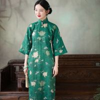 【LZ】㍿  Estampa de colarinho para mulheres Cheongsam verde elegante fenda lateral mangas grandes vestidos de festa orientais Qipao