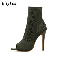 Eilyken Spring Autum New Design Women Ankle Boots Peep Toe Knitted Stretch Fabric Boots Sexy Cut-Out Thin High Heels Shoes Woman