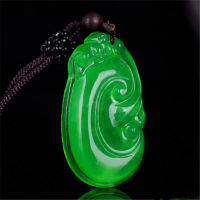 แกะสลัก Ruyi หยกจี้ธรรมชาติจีนสีเขียว Jadeite สร้อยคอเครื่องประดับแฟชั่น Amulet ผู้หญิงผู้ชายของขวัญเสื้อกันหนาว Chain