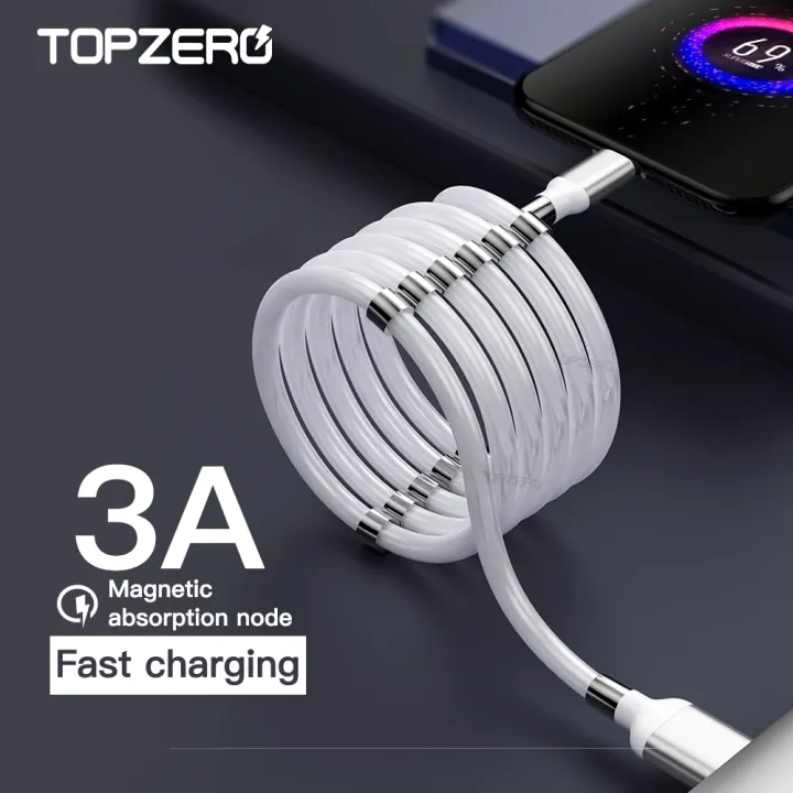 TOPZERO 3A Magnetic Protable Storage USB Cable For iPhone 7 8 Plus X XR XS MAX 11 Pro Max Magnet Fast Charging USB Data Cord Type C Lightning Micro USB Charger Cable For OPPO VIVO Xiaomi Samsung
