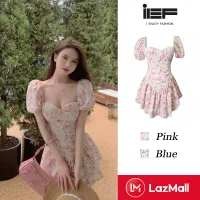 [IEF French request pure puff sleeve floral dress new French sweet and spicy style waist one shoulder short skirt Beach dress fashion dress Women