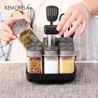 hotx【DT】 Condiment Set Rotating Jar Spices Glass Cruet Seasoning BBQ Pepper Shakers Paprika Bottle Storage Rack