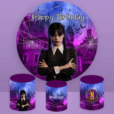 Wednesday Addams Round Cover Girl Birthday Baby Shower Backdrop Nevermore Family Party Circle Cylinder Cover Photo Booth Props