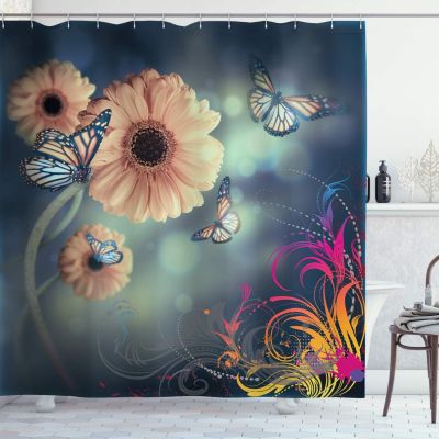 Spring Shower Curtain, Big Gerber Petals with Flying Butterflies Modern Swirls Corner Motif on Blurry Back, Cloth Fabric Bathroom Decor Set with Hooks