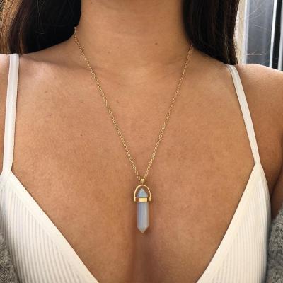 Fashion Opal Stone Hexagonal Column Quartz Necklaces Natural Pink Crystal Pendant Necklace Statement Bohemian Jewelry for Women Headbands