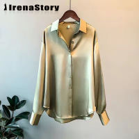 IRENASTORY เสื้อผู้หญิงกันแดดแขนยาวผ้าซาตินดีไซน์เสื้อชีฟอง