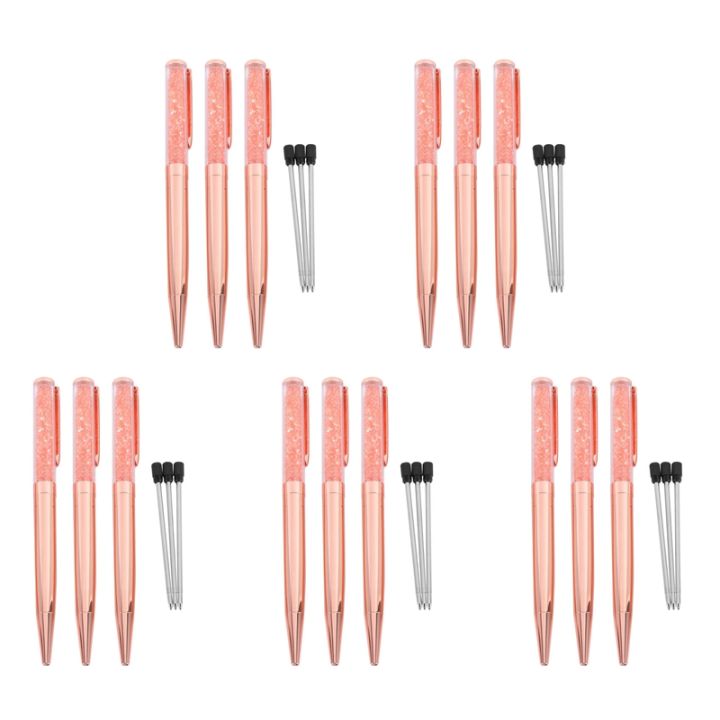 rose-gold-pen-bling-crystal-ball-point-pen-black-ink-pen-with-15-extra-refills-rose-gold-15-pack