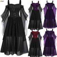 Halloween Witch Cosplay Costumes Gothic Off Shoulder Lace-Up Vestidos Bandage Mesh Sheer A-Line Long Party Xmas Dress For Women