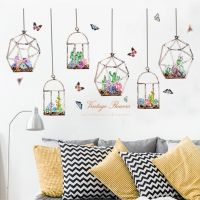 Colorful cactus flowers hanging on glass bottle Wall stickers butterflies stickers for living room bedroom art mural decals