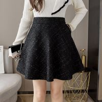 Black Tweed Skirt Women High Waist A-line Short Mini Skirts Autumn Winter Vintage Korean Woolen Skirts Shorts Pockets Booty N069