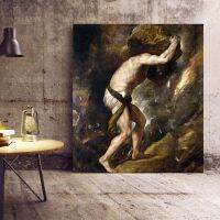 การลงโทษของ Sisyphus โดย Titian ผ้าใบวาดภาพโปสเตอร์เทพนิยายกรีกศิลปะบนผนังตกแต่ง1ชิ้นกรอบไม้ด้านในหรือไร้กรอบ (หรือกรอบอะลูมินัมอัลลอยสีดำ)