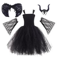 Girls Queen Costume Maleficent Costume Witch Devil Knitted Tulle Dress Evil Queen Dress Up Costume for Girls Halloween Cosplay pretty good