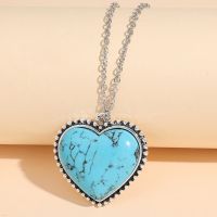 Simple Western Style Peach Heart Turquoise Pendant Personality European and American Women 39;s Necklace