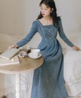 2021 Autumn Winter New Arrival Retro Square Collar Stripe Long Sleeve Woman Velvet Long Dress