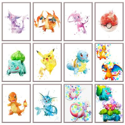 อะนิเมะโปเกมอนอุปกรณ์ต่อพ่วงโปสเตอร์ Pikachu Eevee Eeveelution รูปภาพสีน้ำผ้าใบจิตรกรรมฝาผนังศิลปะสำหรับเด็กห้องนอนตกแต่งด้านคุณภาพผนังศิลปะรูปภาพ