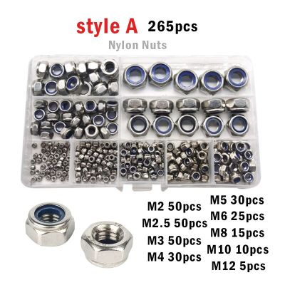 265/162pcs M2 M2.5 M3 M3.5 M4 M5 M6 M8 M10 M12 304 Stainless Steel Black Nylock Nut Locknut Hex Nylon Insert Self Lock Nut Set Nails Screws Fasteners