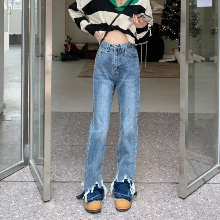 กางเกงยีนส์ไมโครแฟลร์ผู้หญิงใหม่เอวสูงสีพื้นประกบขอบหยาบแยกขากว้างลำลองสีน้ำเงิน