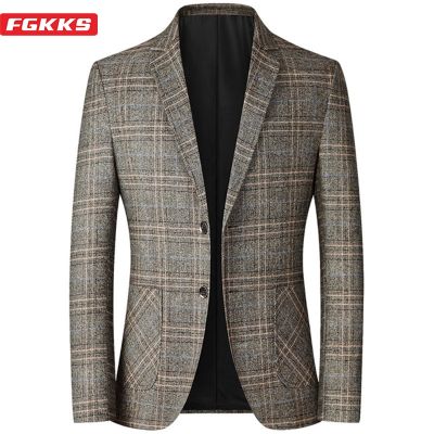 FGKKS ใหม่ฤดูใบไม้ผลิฤดูใบไม้ร่วง Blazers ผู้ชายบางพอดีอังกฤษลายสก๊อตอย่างเป็นทางการแจ็คเก็ตปาร์ตี้งานแต่งงานธุรกิจลําลองเสื้อเบลเซอร์ชาย✱