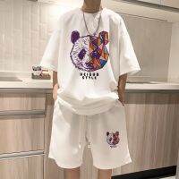 เสื้อยืดพิมพ์ลายคอกลมลายหมีแพนด้าแบบอินเทรนด์เสื้อครอปสั้นชายและหญิงชุดออกกำลังกายวาฟเฟิลสำหรับฤดูร้อนระบายอากาศได้สวมใส่สบายใหม่ชุด2ชิ้นผ่อนคลาย