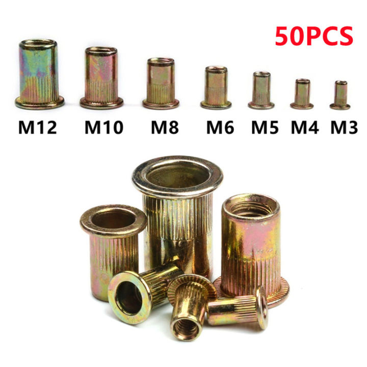 50Pcs M3M12 Zinc Plated Carbon Steel Knurled Nuts Rivnut Flat Head