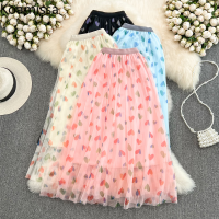 Koamissa Women Sweet Sweat Love Mesh Skirt Elastic Waist Lady Spring Maxi Swing Floral Pleated Long Skirts Spring Summer Falda